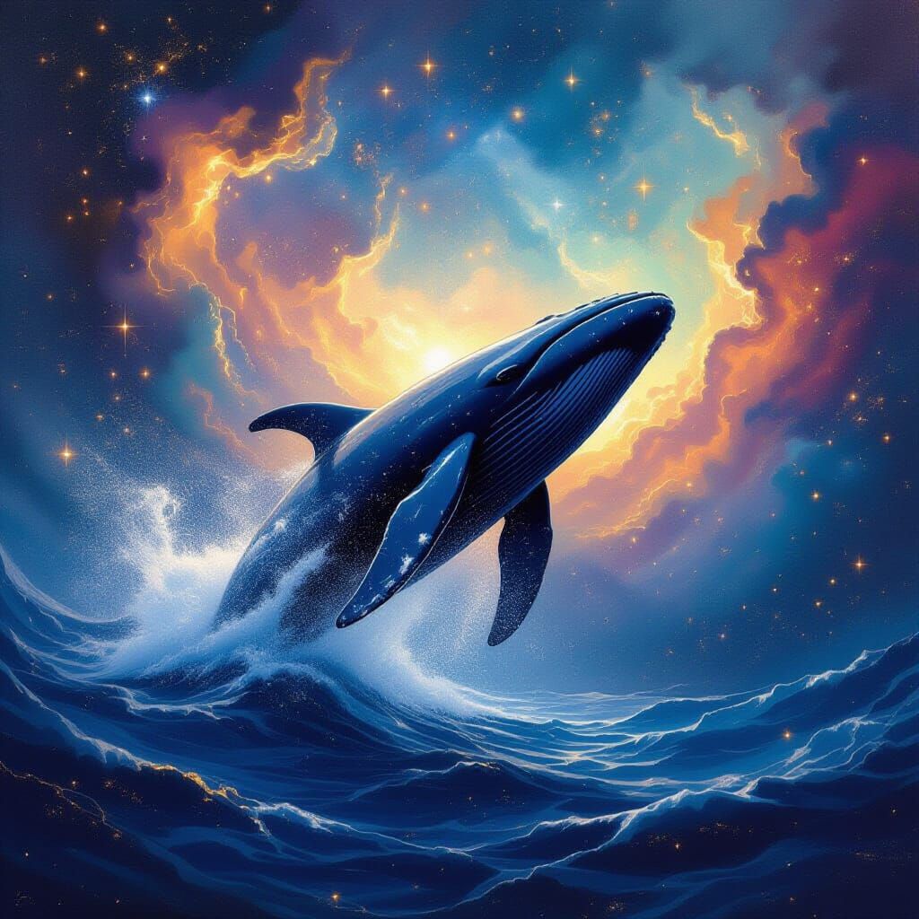 Oil painting. Medium shot. A majestic whale breaching from a sea of swirling nebulae, stars and galaxies forming its bod...