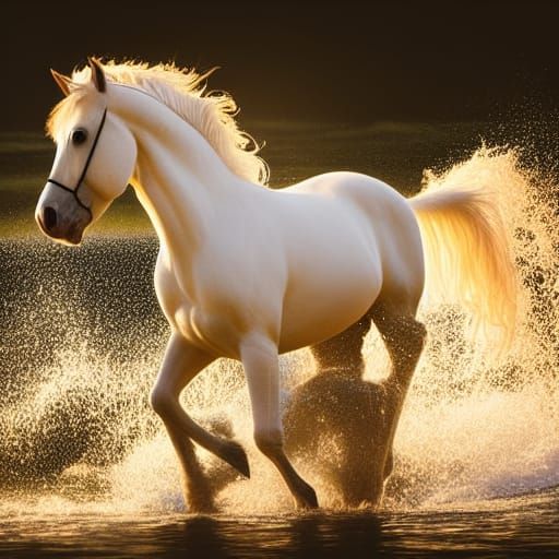 Winged Horse Prancing at Seaside, Golden Hour