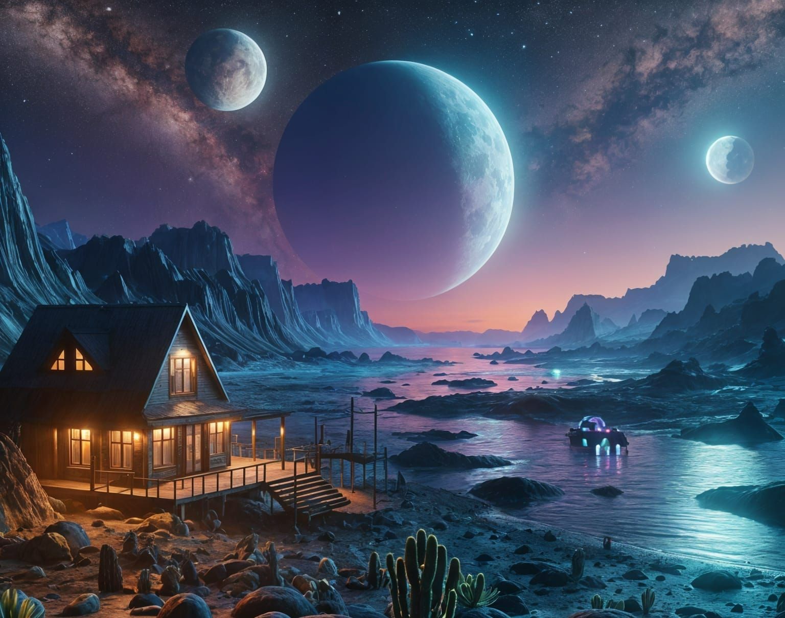 Alien Beach Cottage at Night in Photorealistic Style