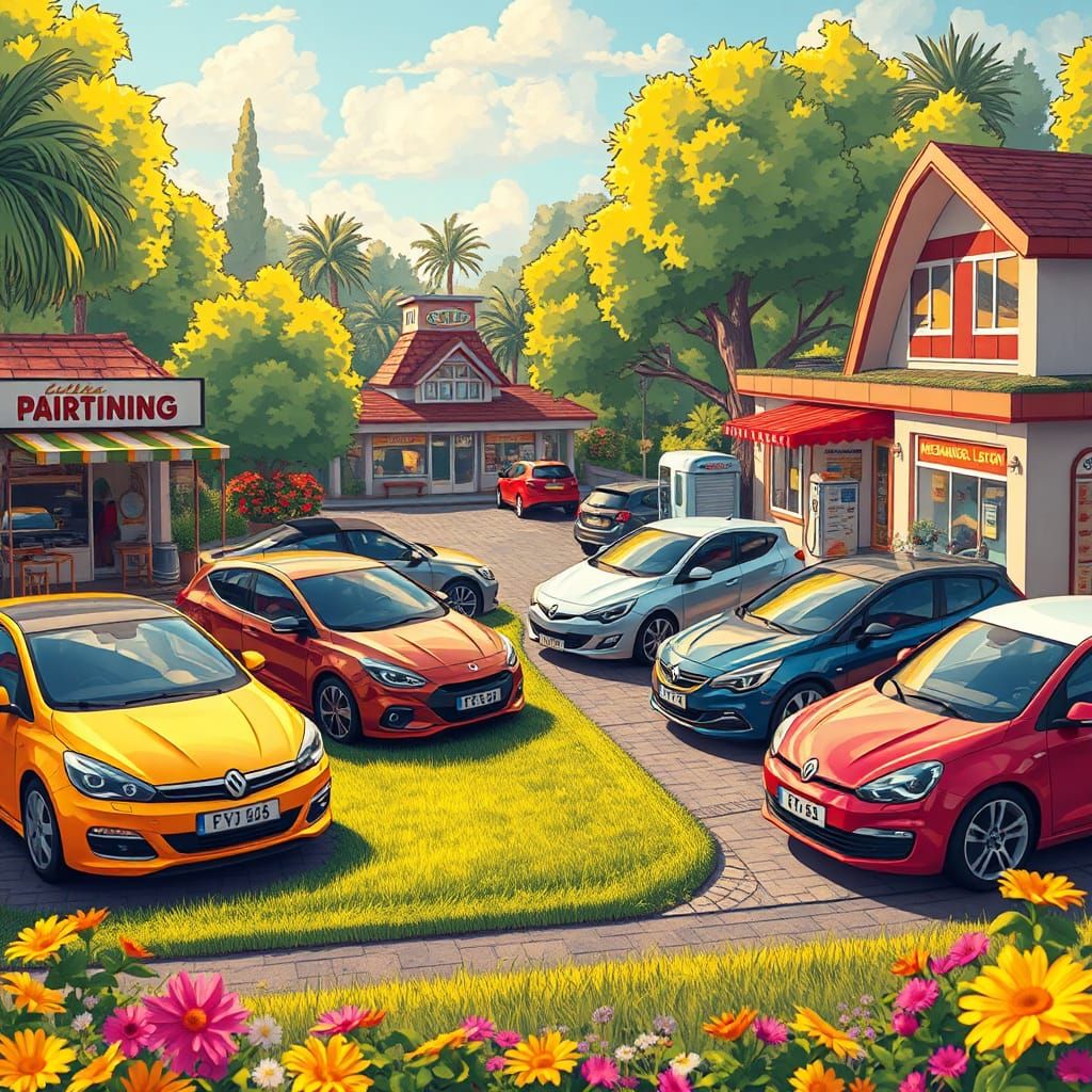 Whimsical Automotive Paradise with Screen Printing Effects