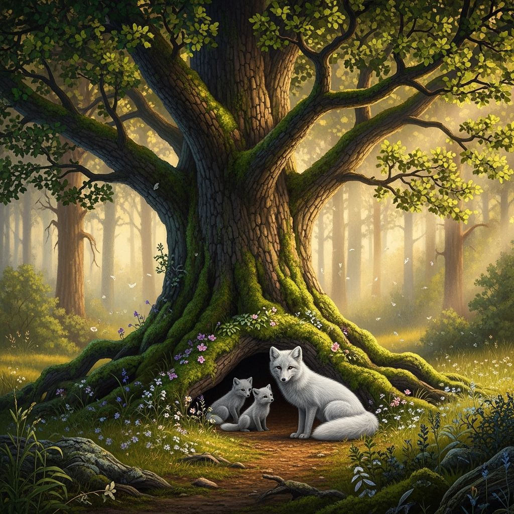 Arctic Fox Family Under Ancient Oak in Golden Hour Light