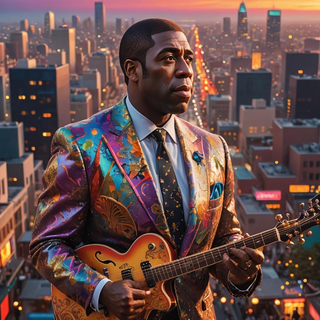 Surreal Cityscape: Magic Johnson in Ornate Suit