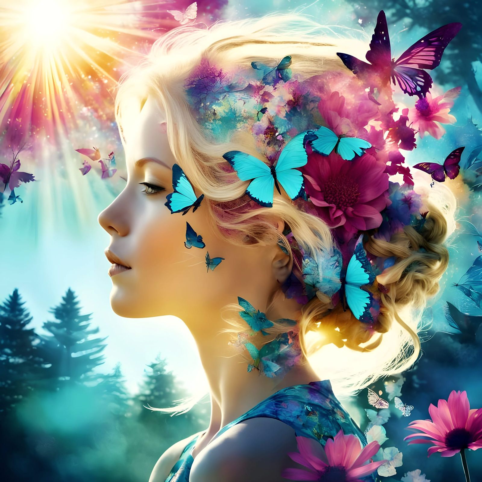 Ethereal Fantasy Portrait with Vibrant Floral Silhouette