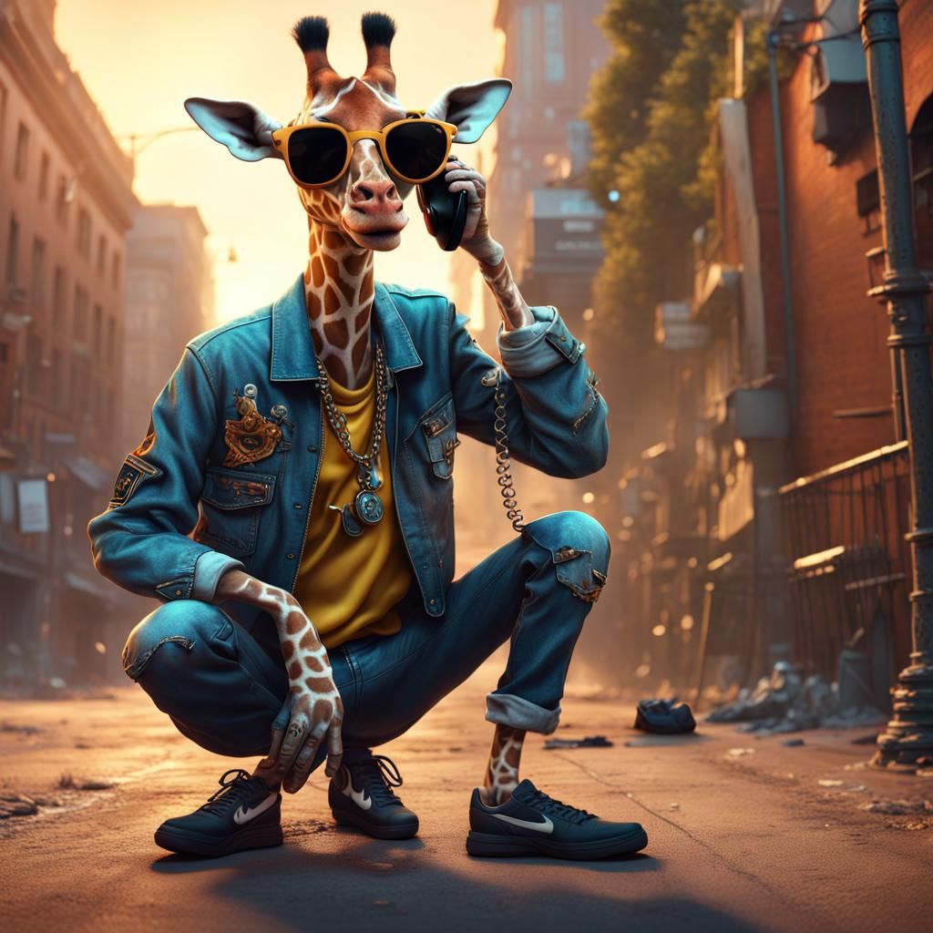 Hip Hop Giraffe on Phone: Detailed Digital Art