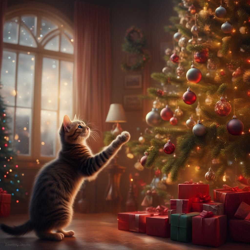 Mischievous Kitten Climbs Christmas Tree: Digital Matte Pain...