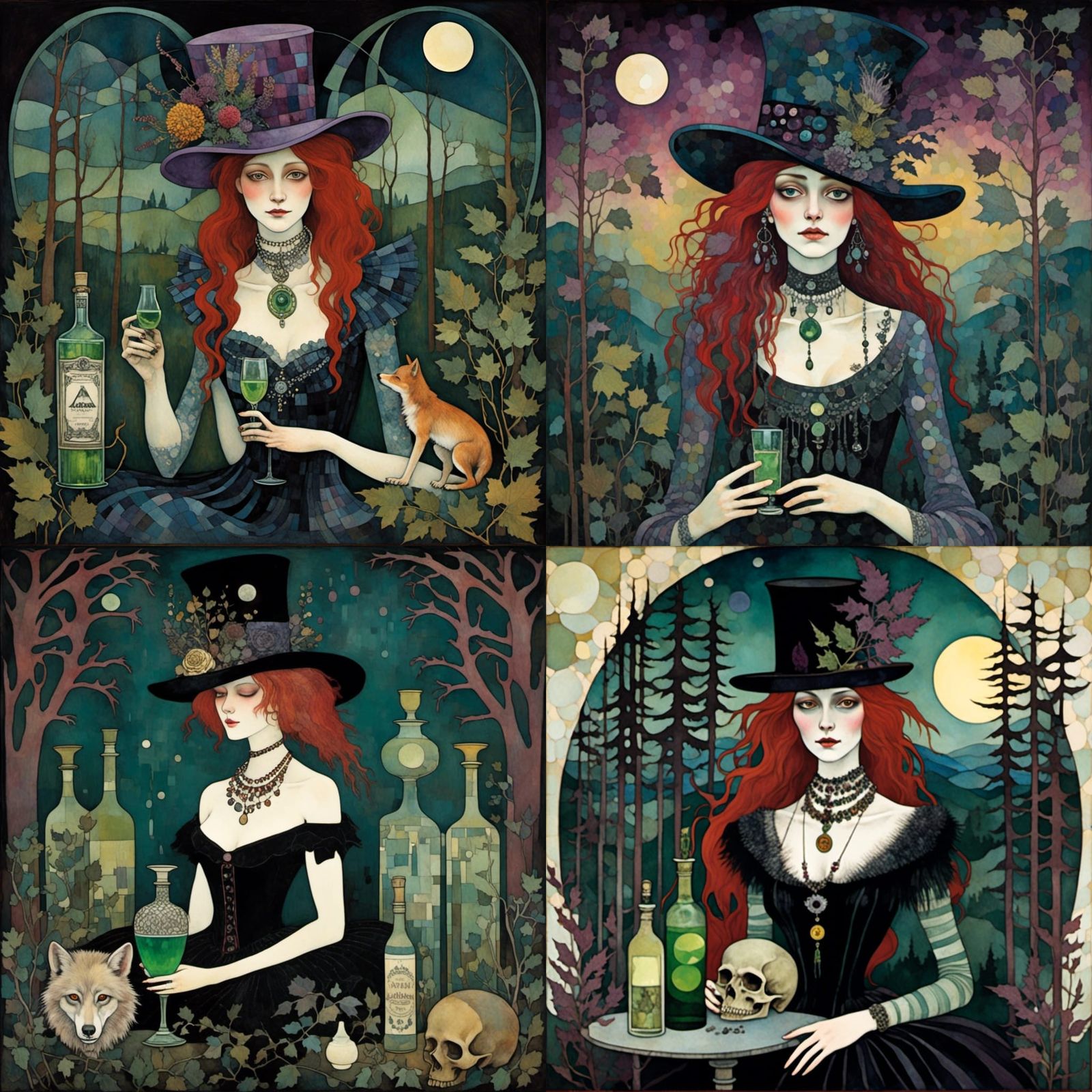 Gothic Girl with Absinthe in Moonlight Forest