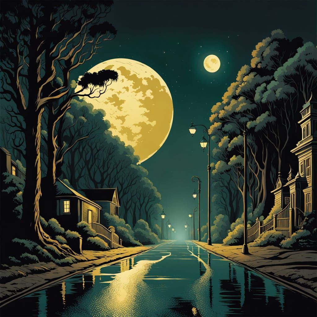 Golden Age New Zealand Road Illustration in Mysterious Night...