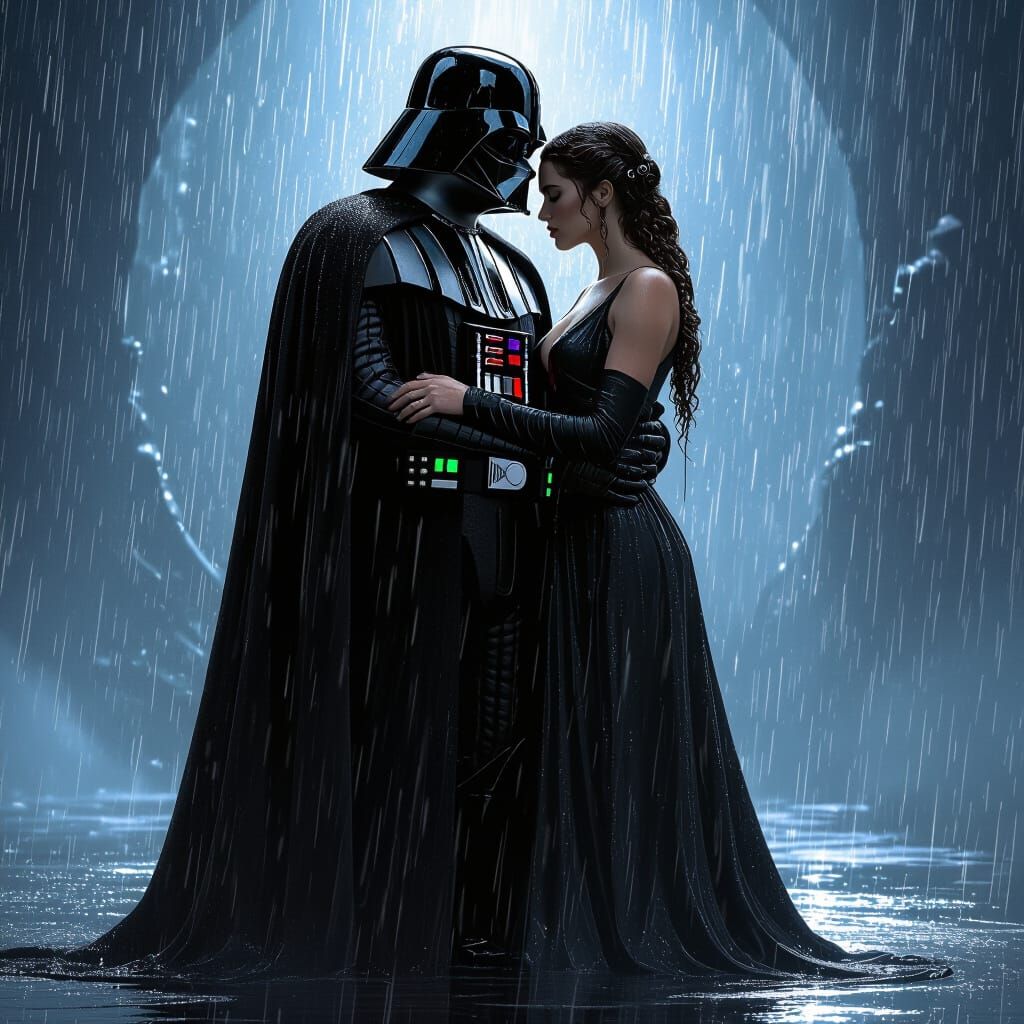 Darth Vader and Padme Embrace in Rain