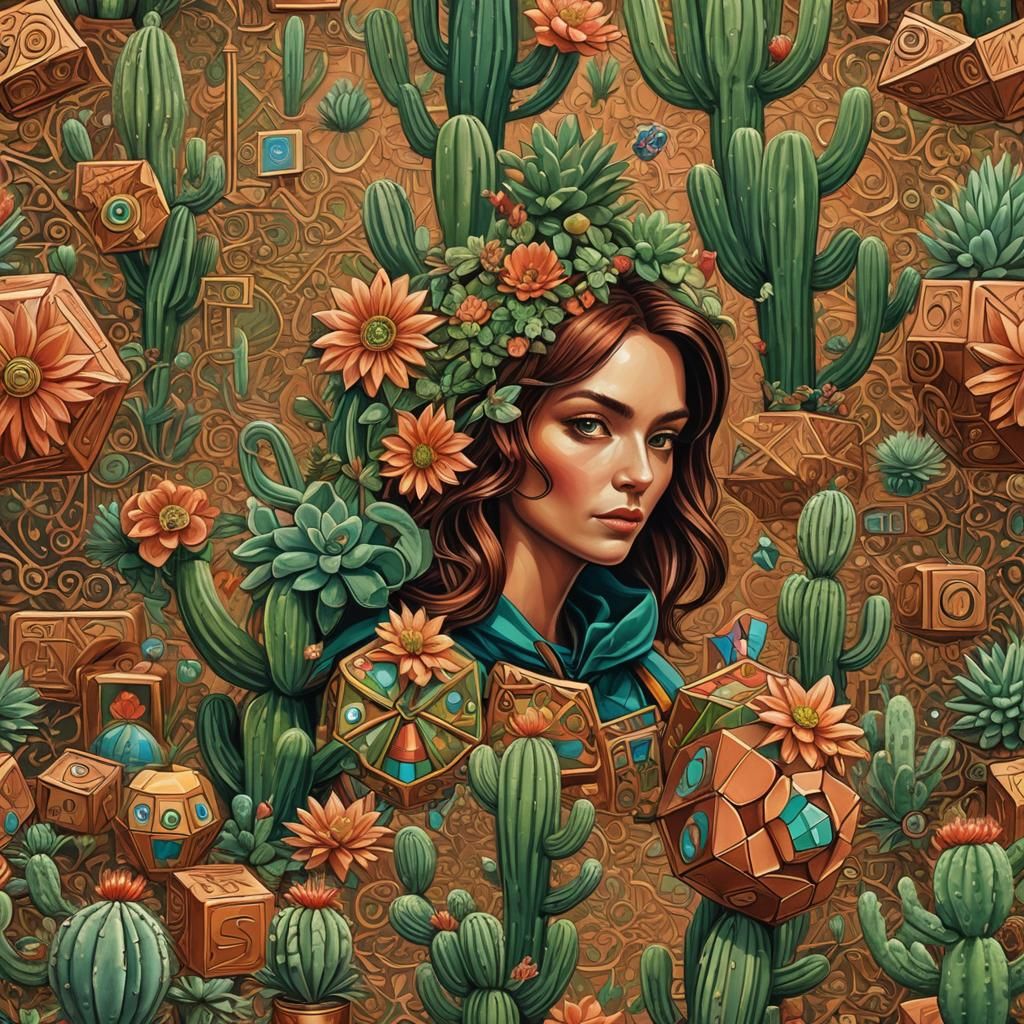 Surreal Rubik's Cube with Talking Cactus in Art Brut Style