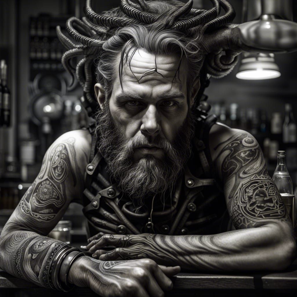 Weary Chef: Hyperrealistic Art Inspired by HR Giger