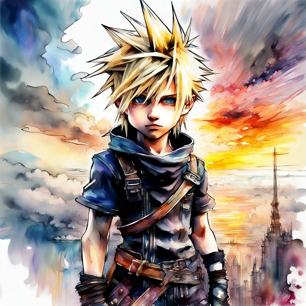 Chibi Cloud Strife in Digital Watercolor Art