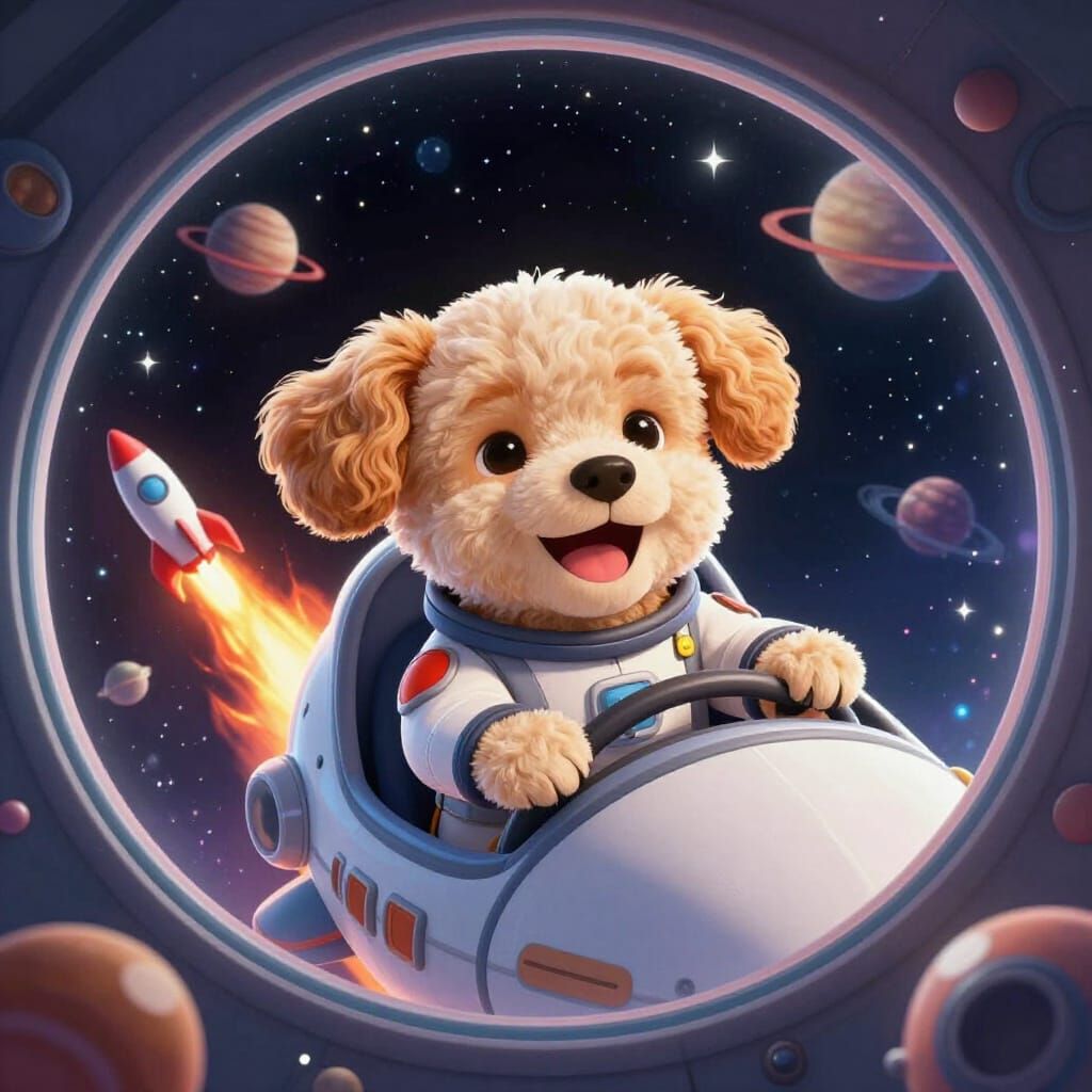Joyful Cockapoo Puppy Pilots Spaceship Past Planets
