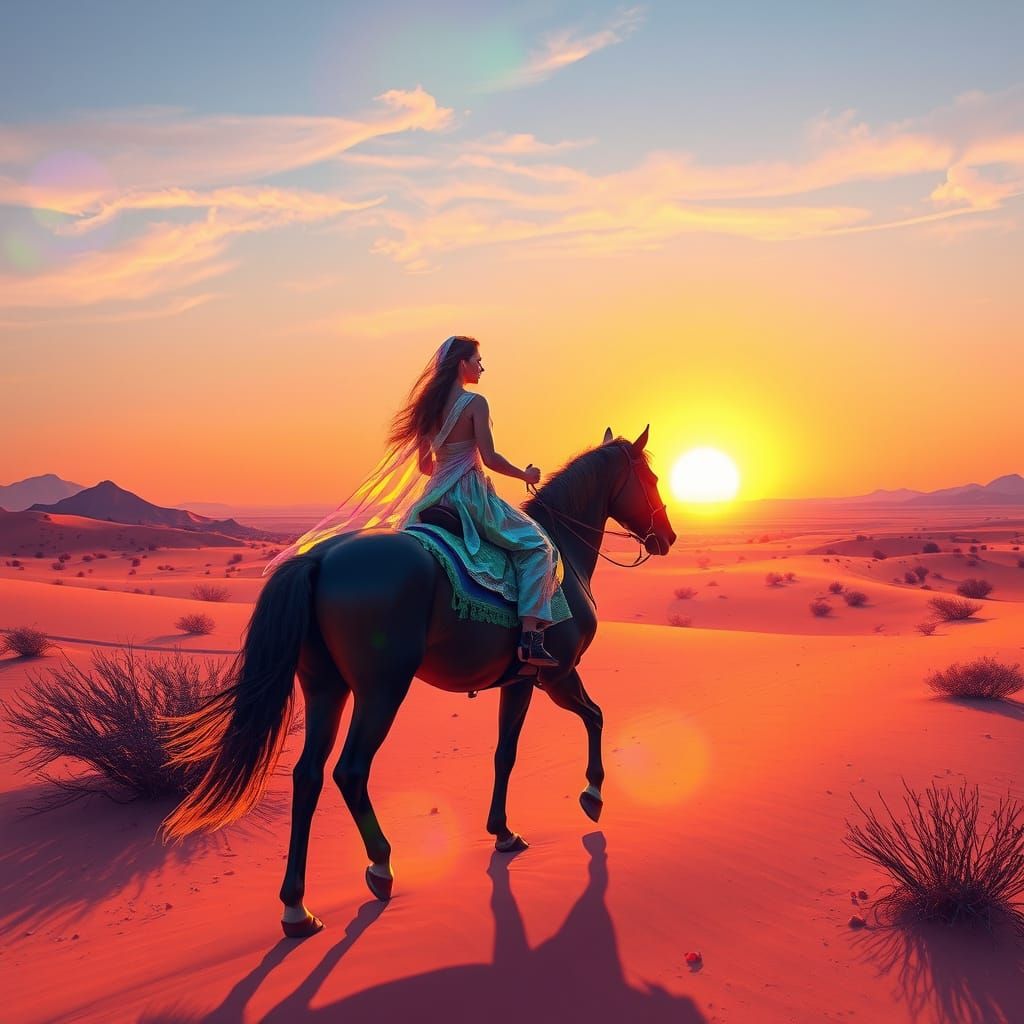 Iridescent 4D Painting of a Woman Riding a Horse Through a D...