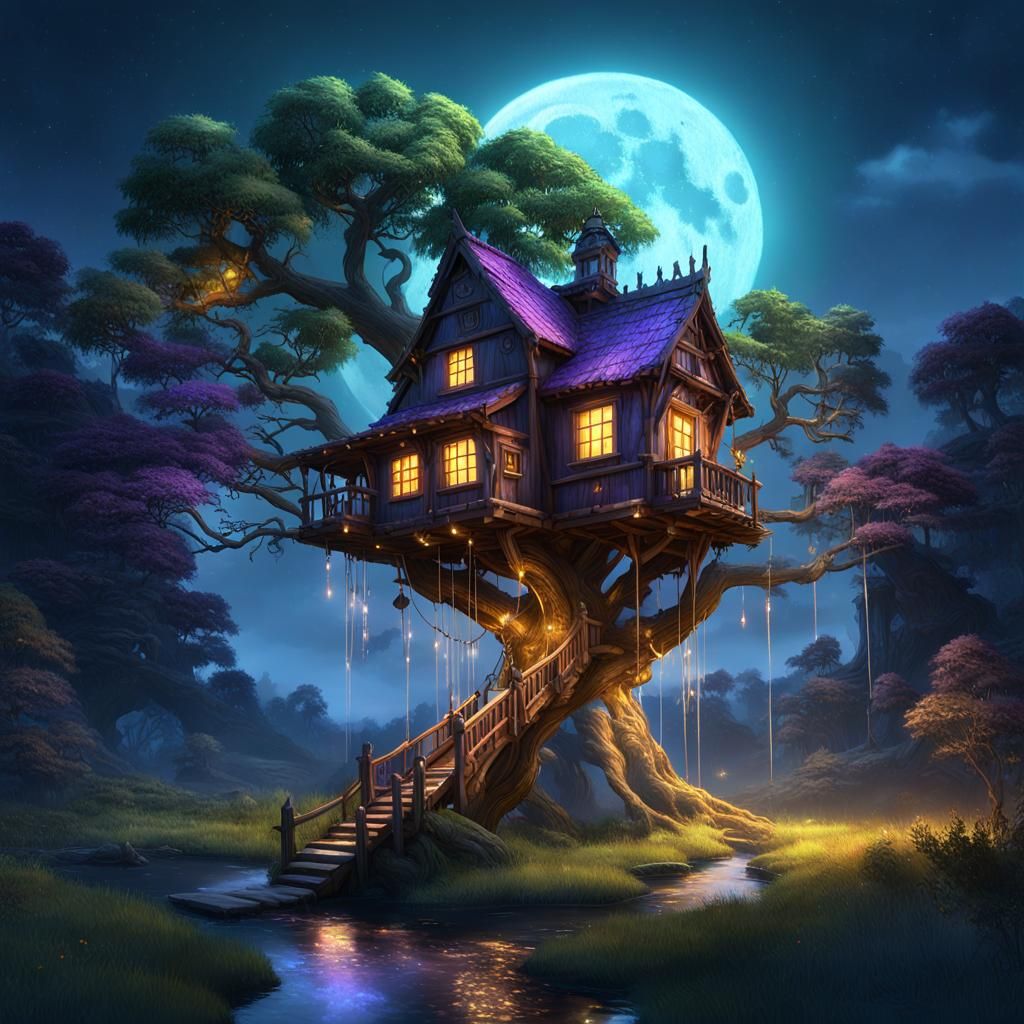 Fantasy Treehouse Under Moonlit Waterfall
