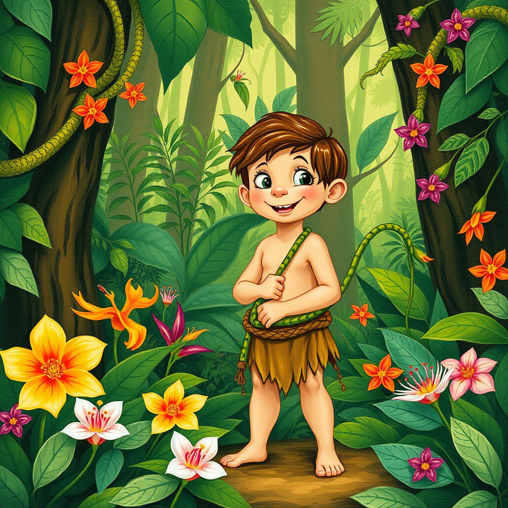 Playful Tarzan in Lush Jungle Illustration