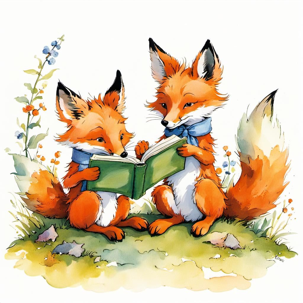 Foxes Reading Book in Children's Illustration Style