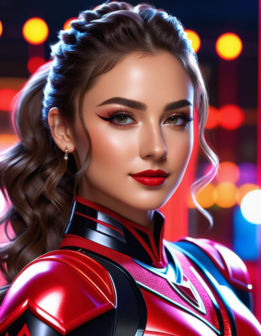 Gorgeous Girl as Red Power Ranger with Neon Lights