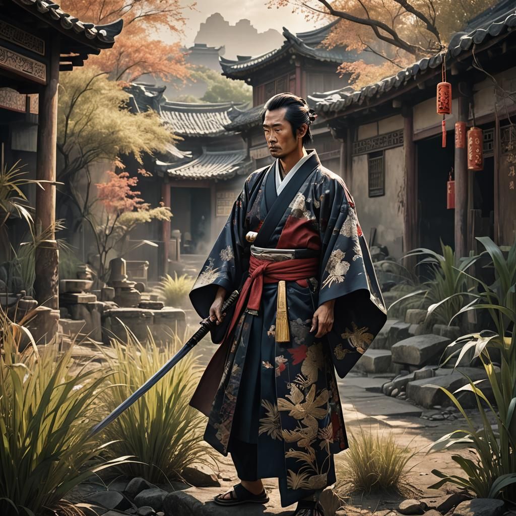 Post-War Ruins: Samurai Angel in Ancient Village