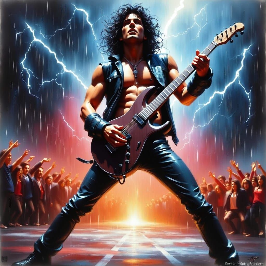 Rock Star Performs Wild Guitar Solo in Rainy Night Concert