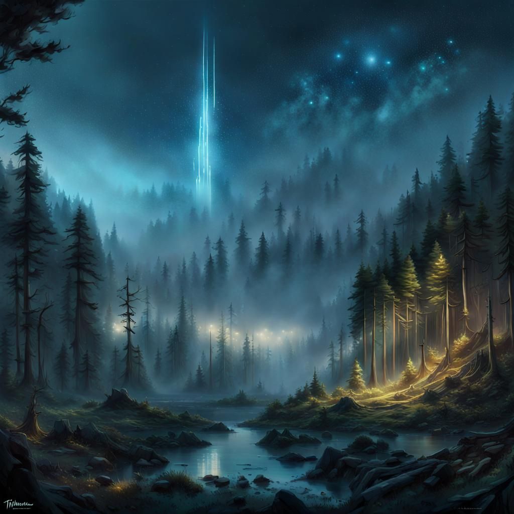 Mystical Night Landscape with Shooting Star