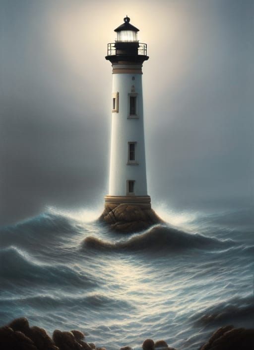 Night Lighthouse with Flowers: Digital Art