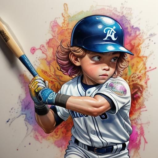 Energetic Baseball Player in Vaporwave Watercolor Style