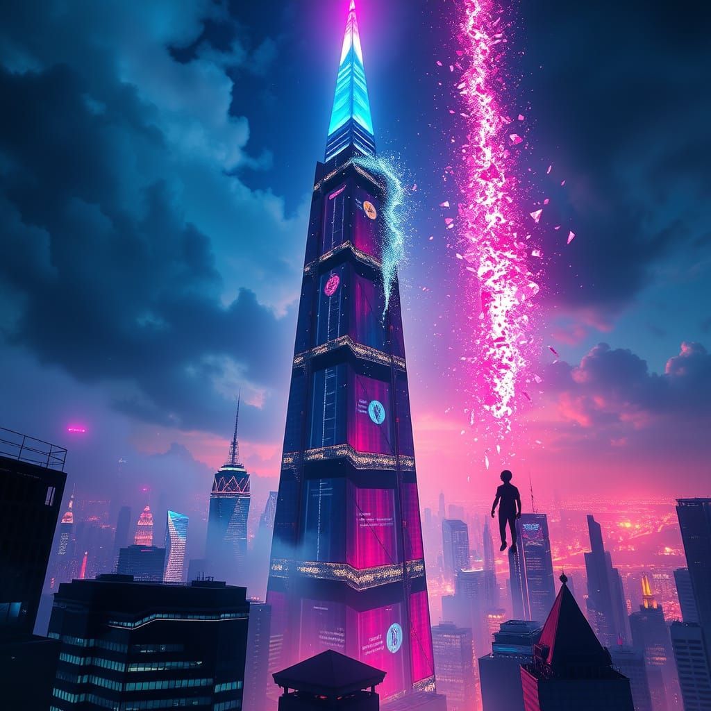 Ethereal Futuristic Metropolis with Shattered Dreams