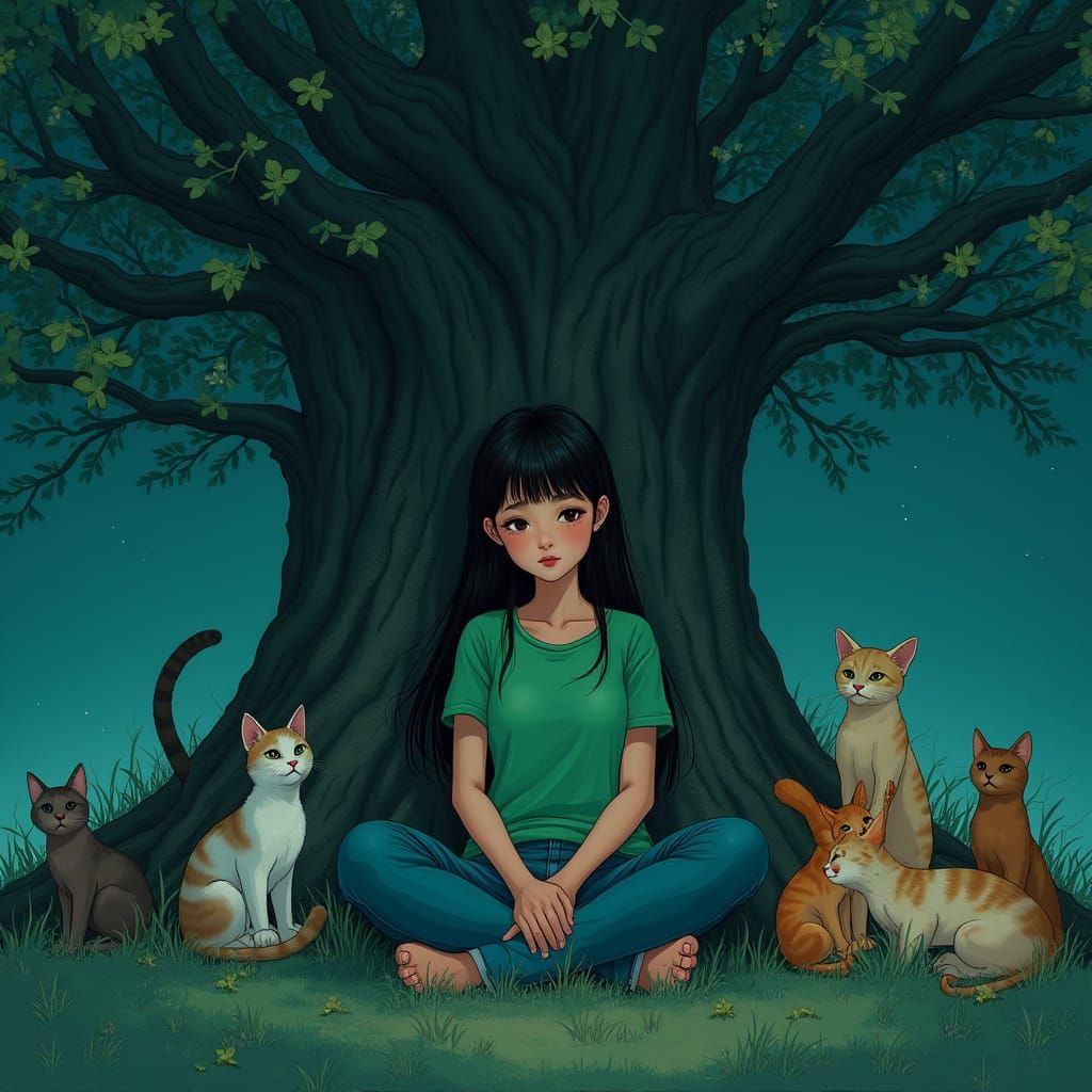 Enchanting Asian Girl Surrounded by Cats in a Whimsical Midn...