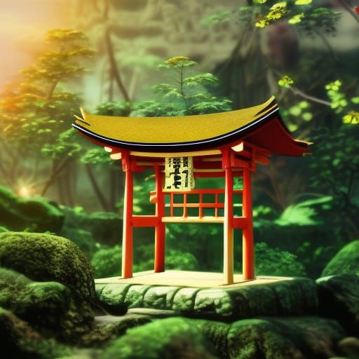 Butterfly Resting on Japanese Shrine in Matte Painting
