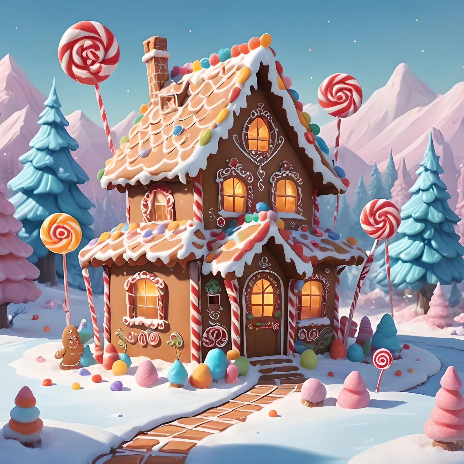 Gingerbread House in Whimsical Winter Wonderland, 3D Render