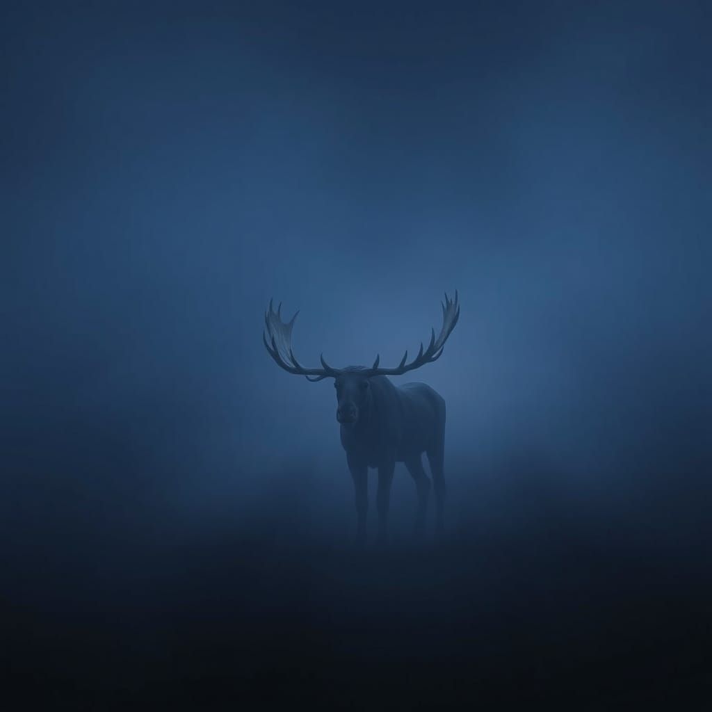 Epic Moose Emerges from Fog in a Dark Twilight Landscape