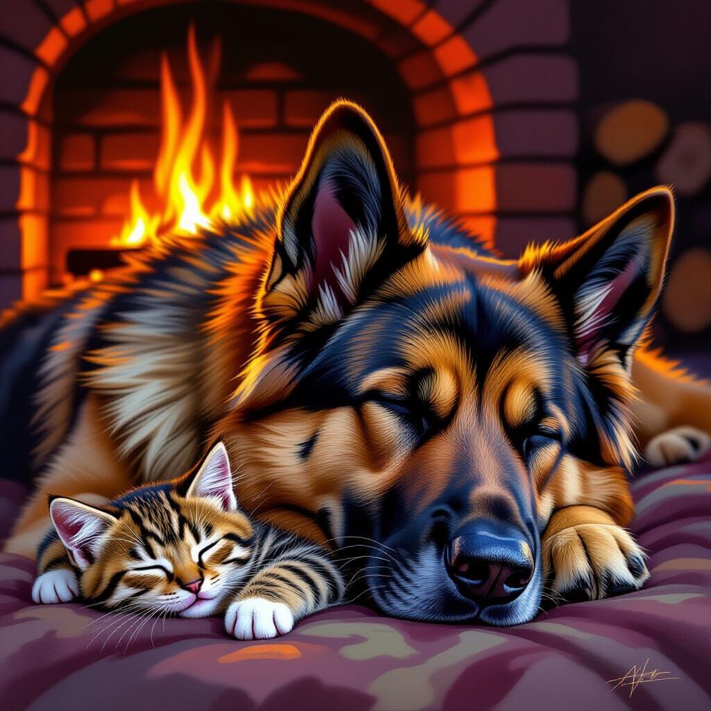 Peaceful German Shepherd and Kitten Sleeping by Fireplace