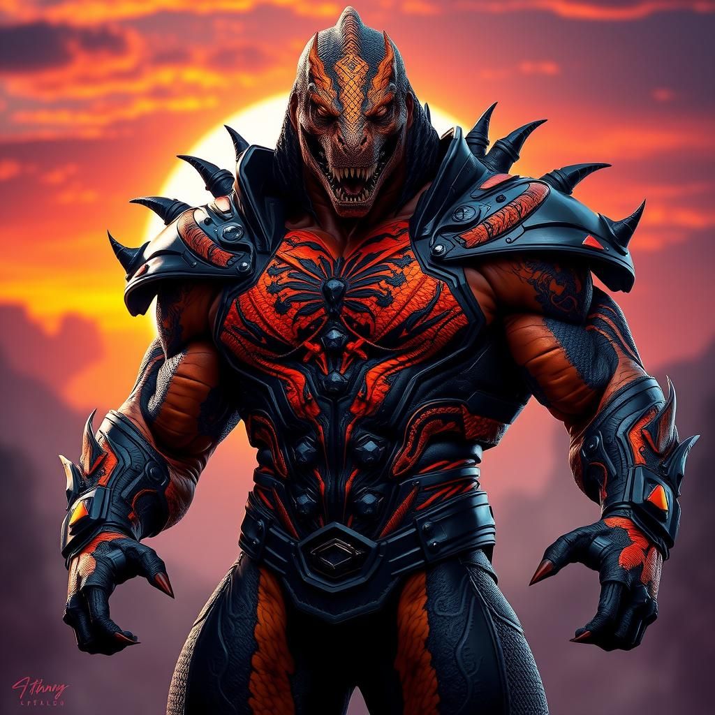 Muscular Superhero Super Dino in Gothic Sci-Fi Suit