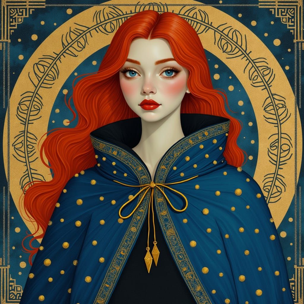 Woman in Cornflower Cloak with Starry Night Detail
