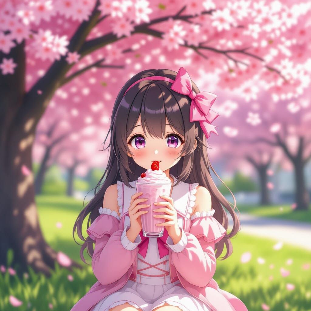 Kawaii Anime Girl Enjoys Strawberry Milkshake in Cherry Blos...