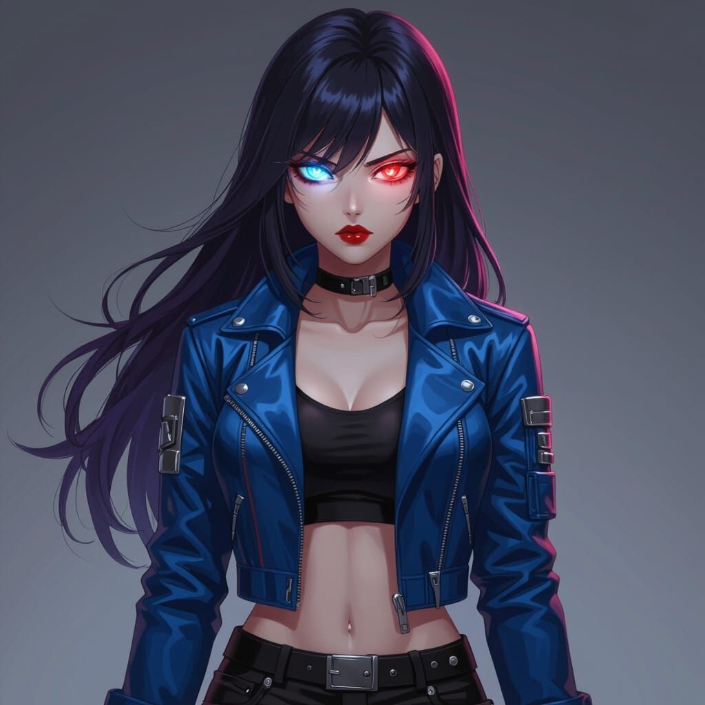 Anime Girl with Dual Glowing Eyes and Biker Jacket