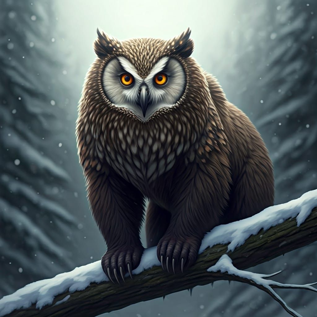 Menacing Screech Owl-Bear in Desolate Forest