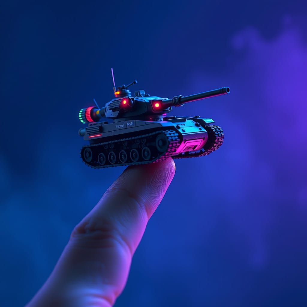 Cyberpunk Miniature Tank Soars on Finger Against Gradient Bl...