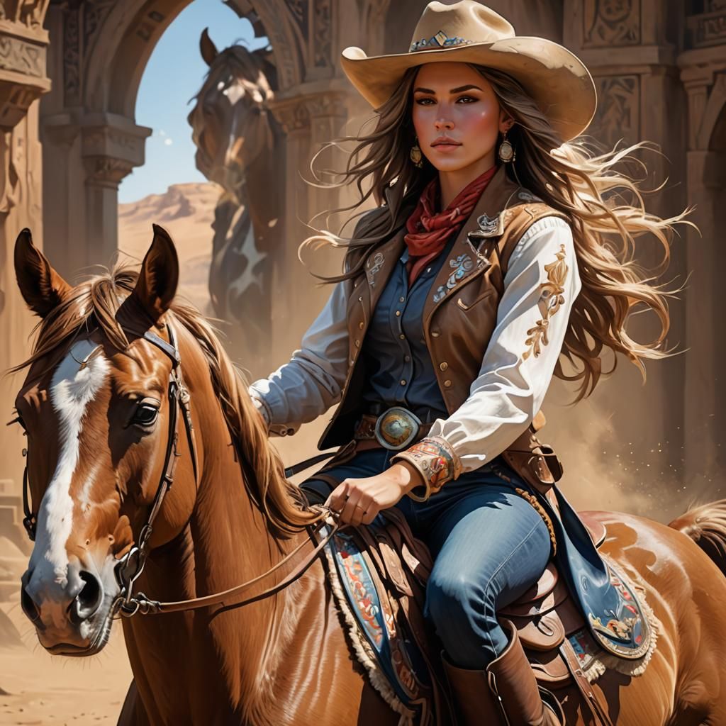 Young Cowgirl on Pinto Horse Portrait, Hyperdetailed Art