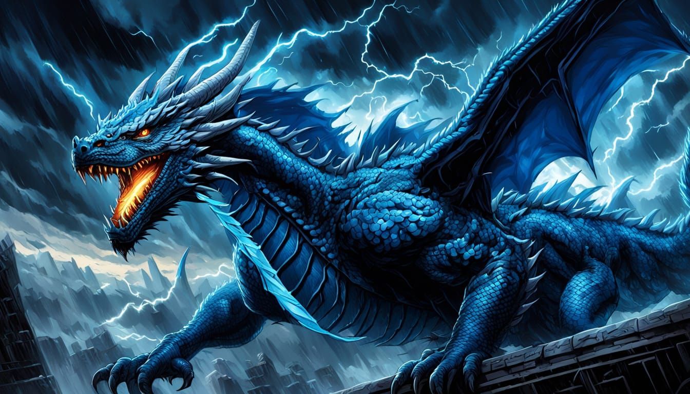 Blue Dragon Soaring Through Stormy Sky, Comic Book Art