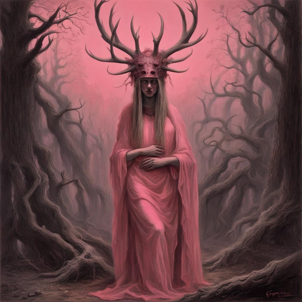 Pink Woman with Antlers in Dark Horror Style
