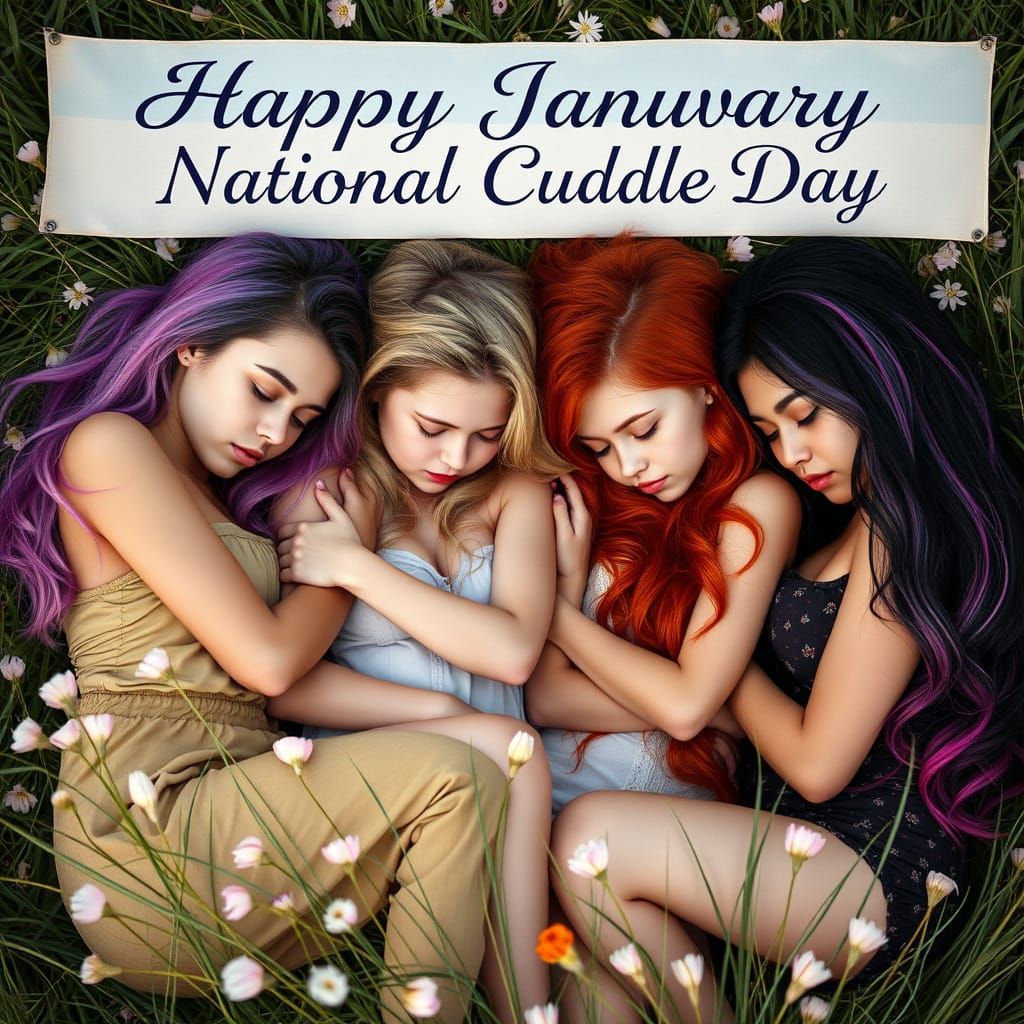 Four Women Cuddling in a Field of Flowers