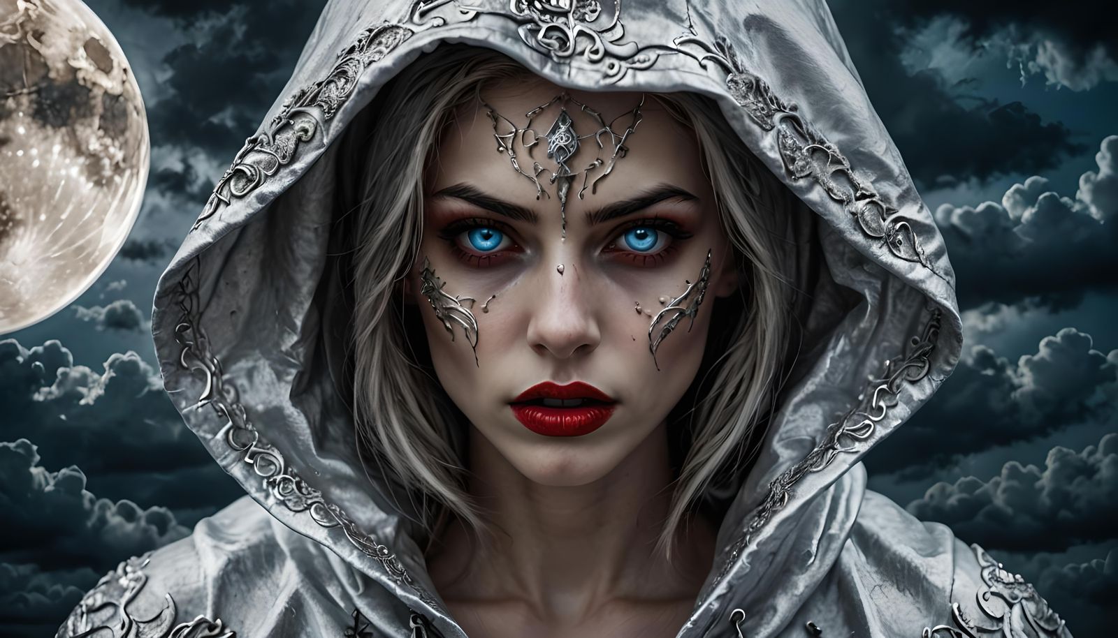Hooded Woman Portrait with Moonlit, Moody Background