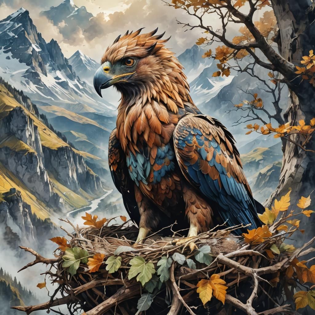 Griffin Nest Portrait with Mountain Landscape