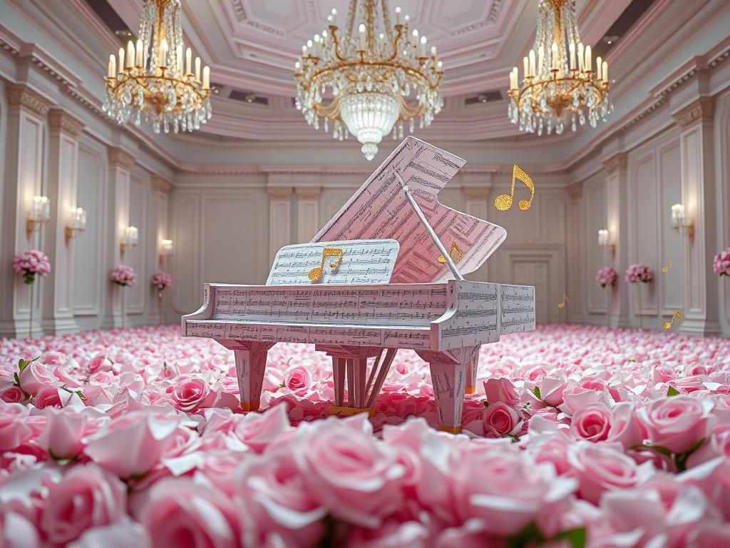 Origami Piano Surrounded by Pink Rose Petals