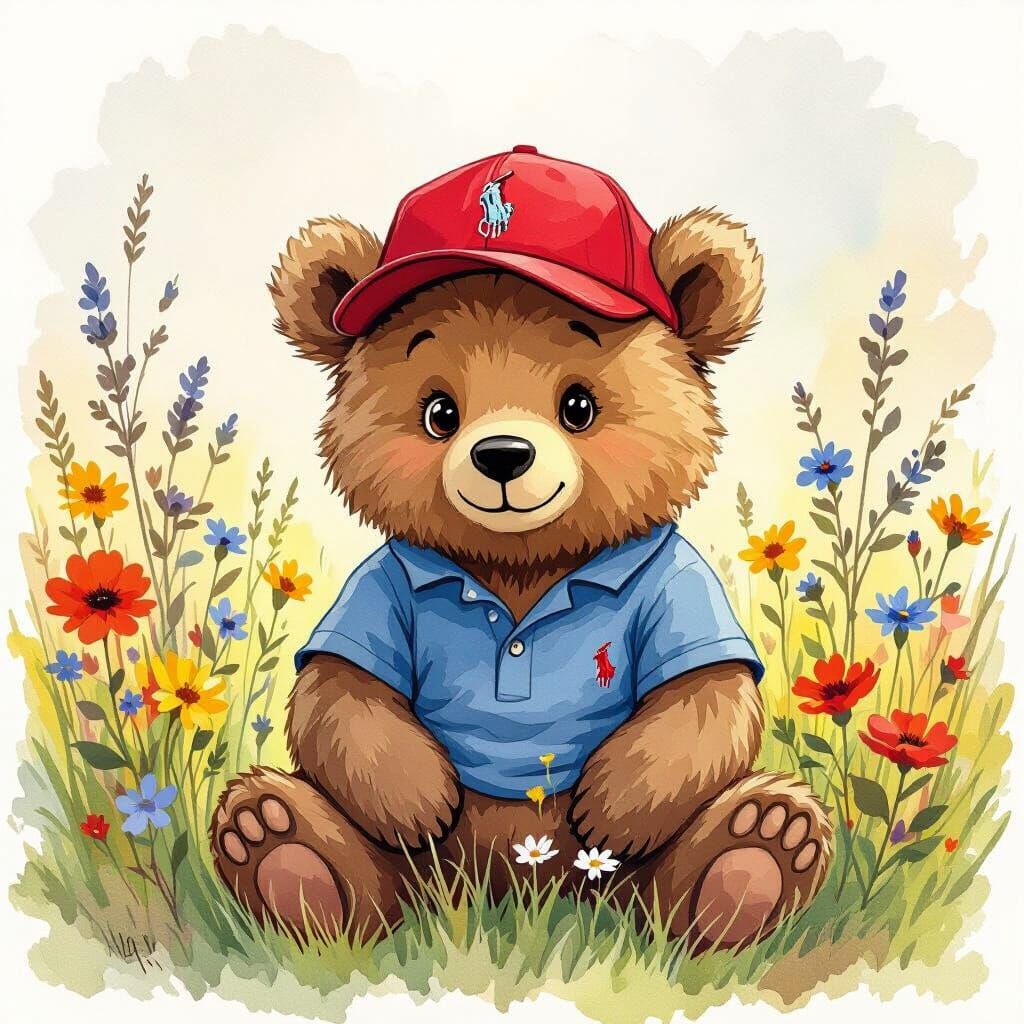 Cute Bear in Ralph Lauren Outfit, Line Art Style