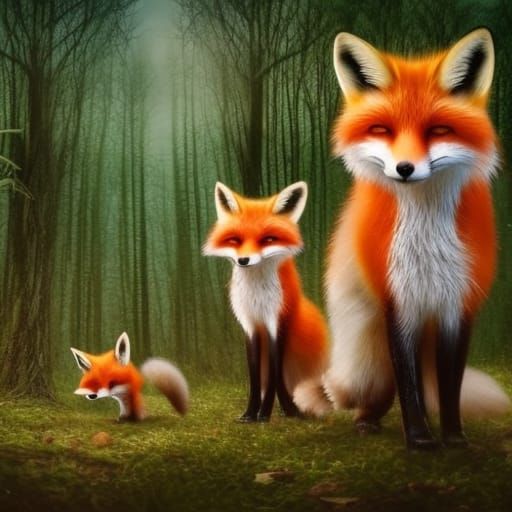 Fox Family in Magical Forest: Hyperrealistic Fashion Photosh...