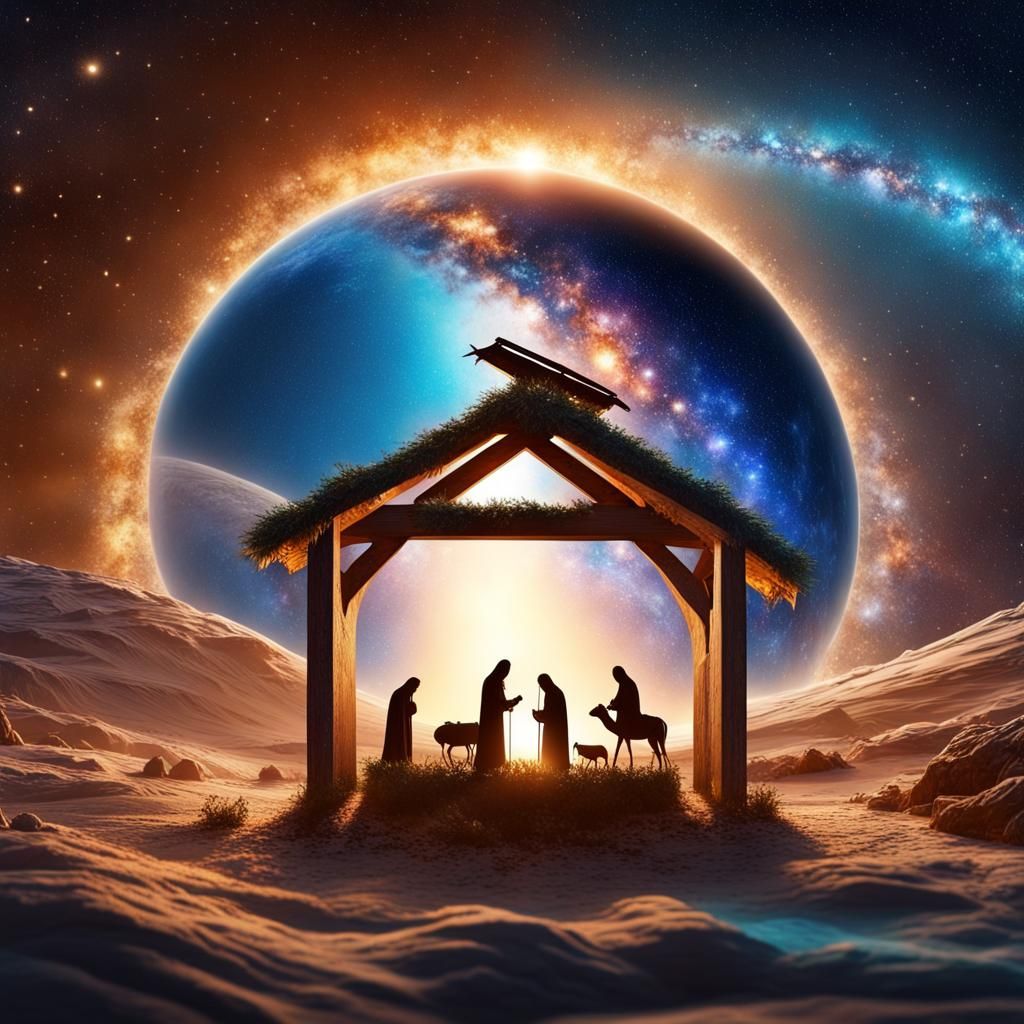 Christmas Manger Scene in Earth Planet, Hyperrealistic Art