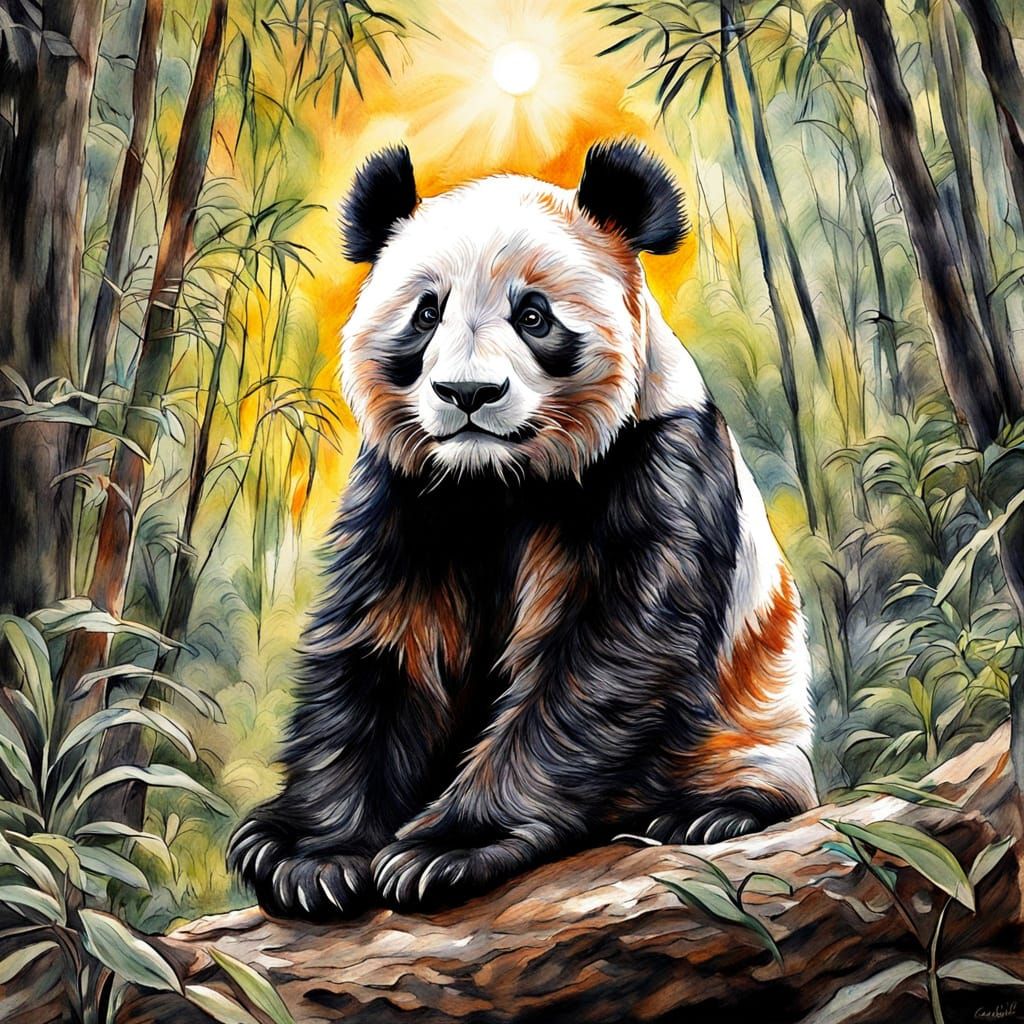 Red Panda in Asian Forest: Impressionist Charcoal