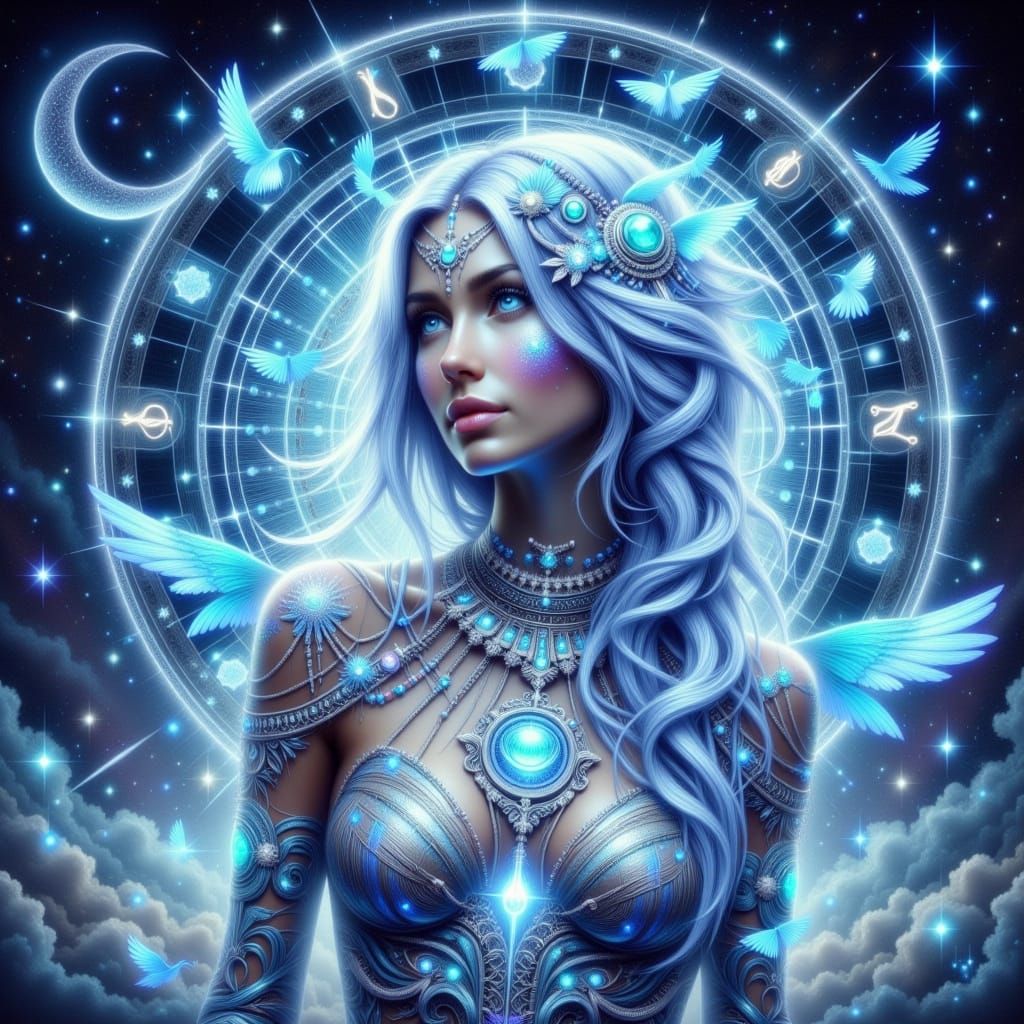 Dreamlike Zodiac Goddess with Ethereal Aura and Starry Night...